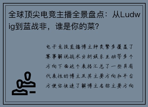全球顶尖电竞主播全景盘点：从Ludwig到蓝战非，谁是你的菜？